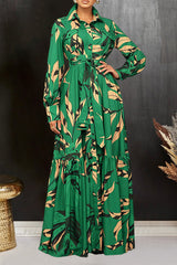 Chic Leaf Print Ruffle Hem Dress