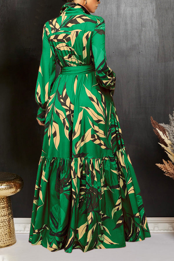 Chic Leaf Print Ruffle Hem Dress