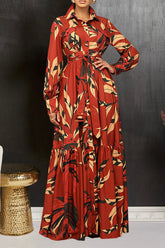 Chic Leaf Print Ruffle Hem Dress