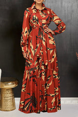 Chic Leaf Print Ruffle Hem Dress