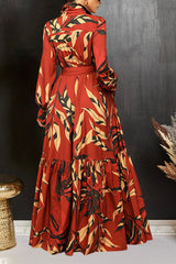 Chic Leaf Print Ruffle Hem Dress