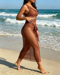 💥Last Day Special Sale 49% OFF👚Vacation One-shoulder Mesh Hollow-out Patchwork Swimsuit and Sarong Skirt Set