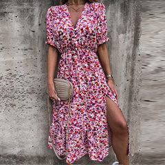 🌸2024 New Plus Size Elegant V-Neck Floral High Waist Split Dress