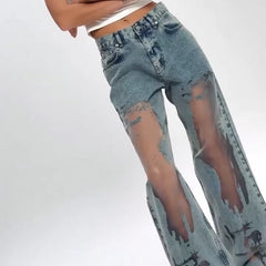 🌸NEW HOT SALE💥Women's Vintage Mesh Patchwork Printed Jeans👖