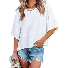 💥Last Day Special Sale 49% OFF👚Women's Solid Color Splicing Loose Five Points Flare Sleeve T-Shirt