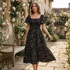 💥Last Day Special Sale 49% OFF👚Women's Square Neck Smocked Floral Midi Dress