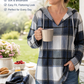 🍂Women's Plaid V Neck Hooded Tunic, Long Sleeve Drawstring Casual Fall Top with Curved Hem