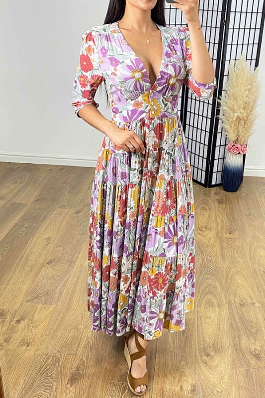 💃Casual floral print V-neck waist wrap long dress