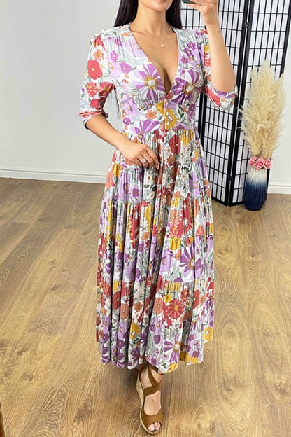 💃Casual floral print V-neck waist wrap long dress
