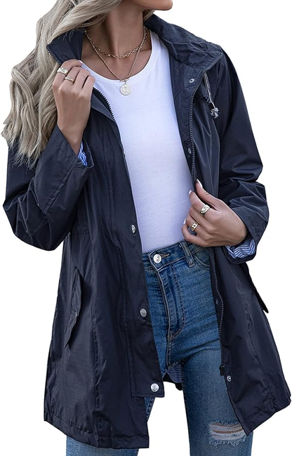 🧥🍂Rain Jacket Women Striped Lined Hooded Lightweight Raincoat Outdoor Waterproof Windbreaker💧