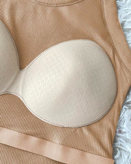 ⏰Last Day 50% OFF🍂Womens U-Neck Built-in Bra Long Sleeve Ribbed Top Shirts Elegant Skinny Fit Fabric