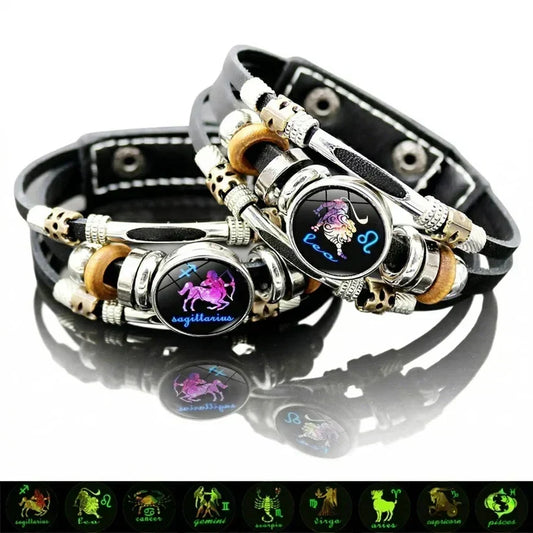 🌙Glow-in-the-Dark 12 Leather Zodiac Bracelet🪐 for Men and Women(6.9/8.1in)