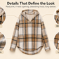 🍂Women's Plaid V Neck Hooded Tunic, Long Sleeve Drawstring Casual Fall Top with Curved Hem