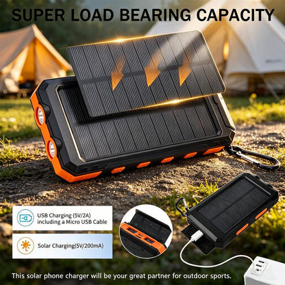 ⚡Last Day Special Price ￡11.99⚡Portable Solar Power Bank, Solar Powered Charger with Dual LED Flashlights, Power Bank for Travel, Camping