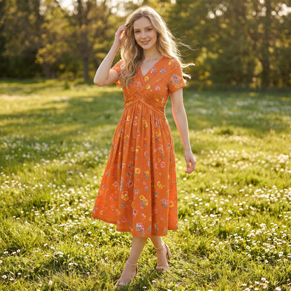 🌸LAST DAY SPECIAL PRICE!!🌸Women's V-Neck Floral Print Dress with Twist Waist