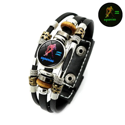 🌙Glow-in-the-Dark 12 Leather Zodiac Bracelet🪐 for Men and Women(6.9/8.1in)