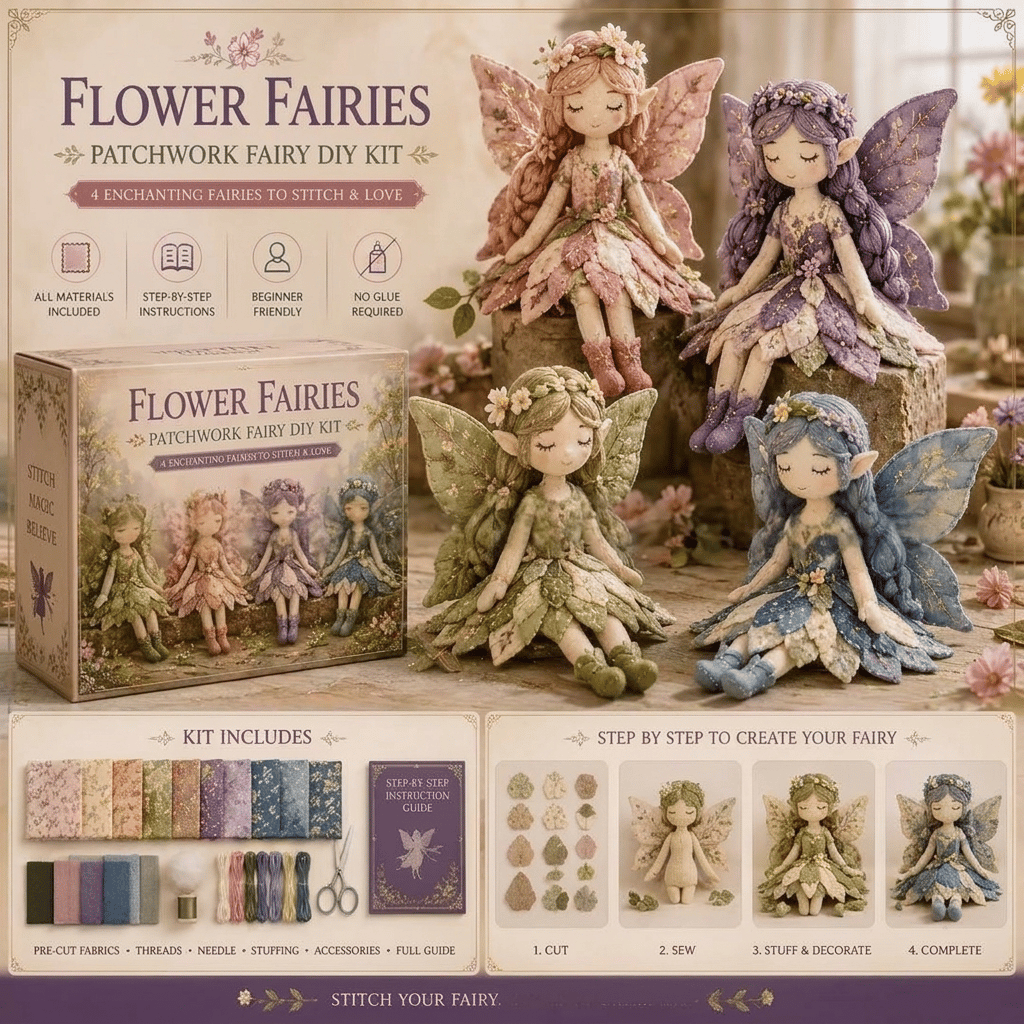 🌸LAST DAY SPECIAL PRICE!!🌸 Flower Fairies Patchwork DIY Kit 🧚‍♀️4 Whimsical Fairy Dolls Sewing Kit