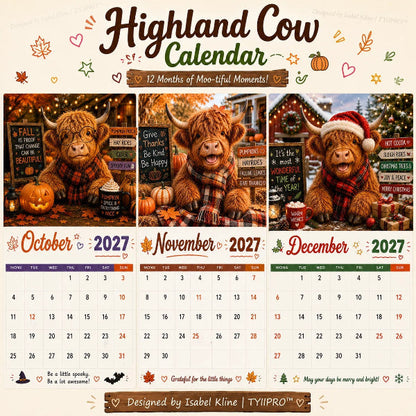 🎁Last Day Promotion 49% OFF🔥2027 Funny Highland Cow Wall Calendar | A4 Hanging Calendar | Designed by Isabel Kline