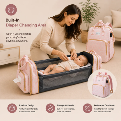 🛏️4-in-1 Diaper Bag Backpack | Portable Baby Changing Travel Bed with Mosquito Net🍼