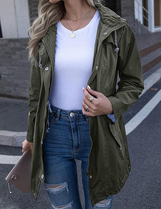 🧥🍂Rain Jacket Women Striped Lined Hooded Lightweight Raincoat Outdoor Waterproof Windbreaker💧