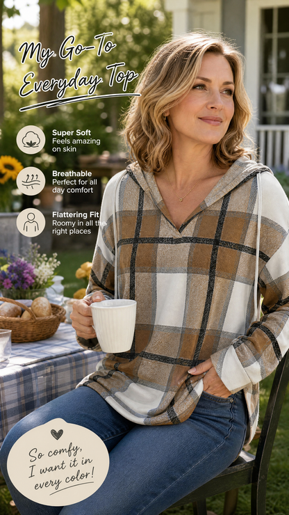 🍂Women's Plaid V Neck Hooded Tunic, Long Sleeve Drawstring Casual Fall Top with Curved Hem