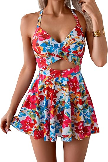 ⏳Last Day Special Sale 49% OFF🩱Women's Cutout One Piece Skirt Swimsuit V Neck Wrap Tie Back Swimdress