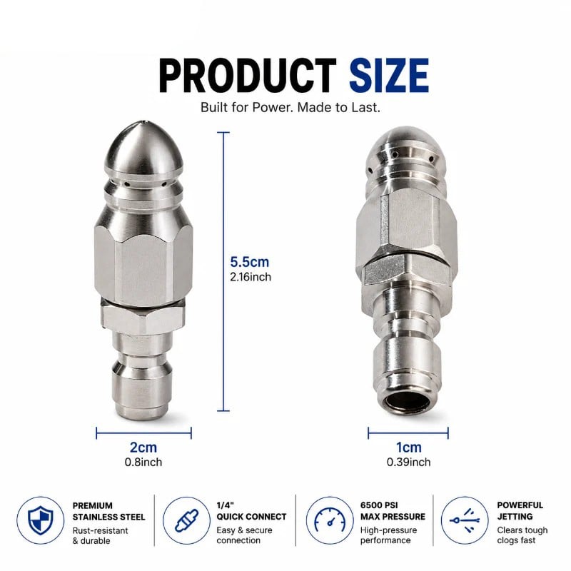 💥 BUY 2 GET 1 FREE +  50% OFF!🔧6500 PSI Stainless Steel Sewer Jetter Nozzle – 1/4" Quick Connect Drain Cleaning Attachment for Pressure Washers
