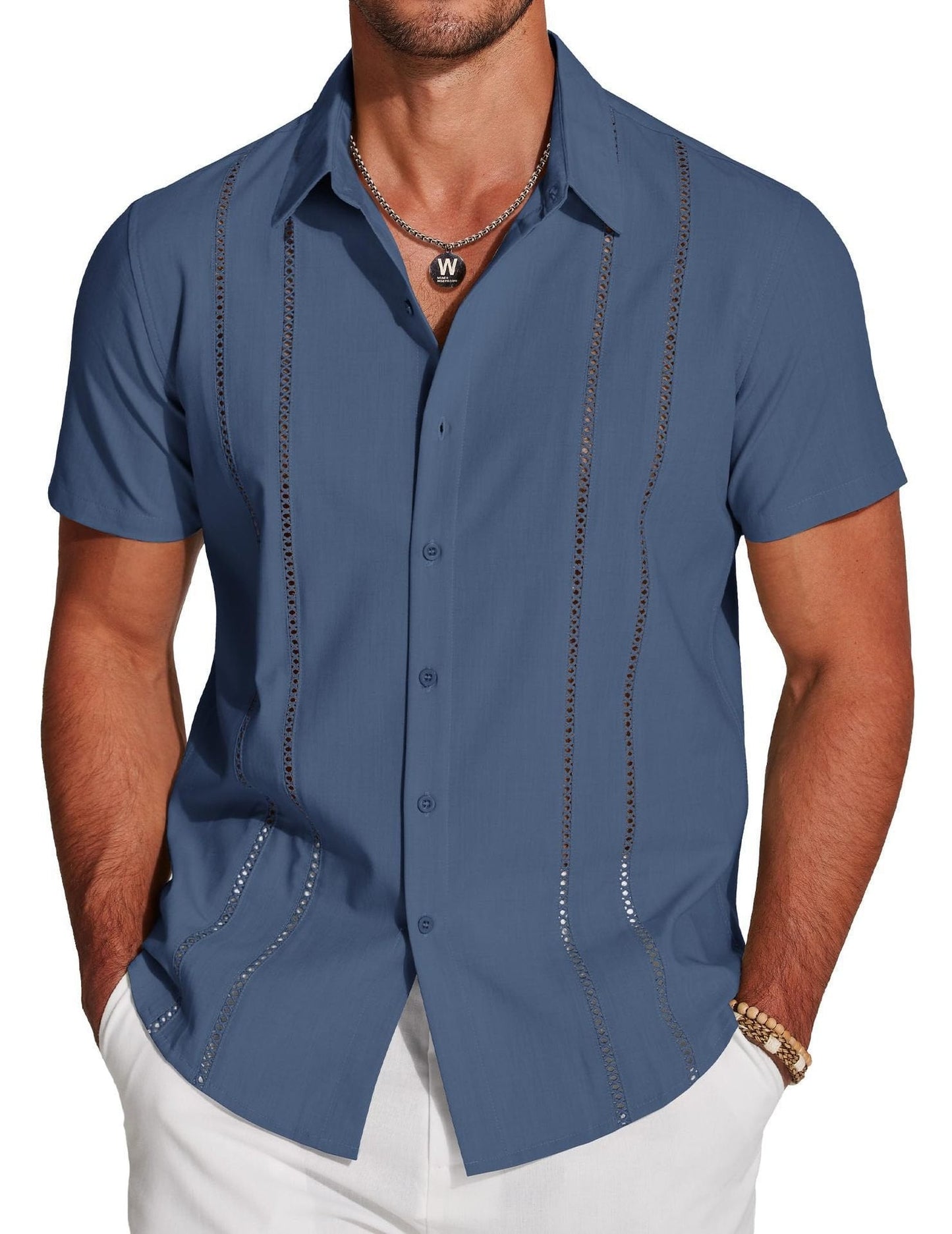 💥Last Day Special Sale 49% OFF👚Men's Cuba Guayabera Exquisite Hollow Embroidered Button Front Shirt