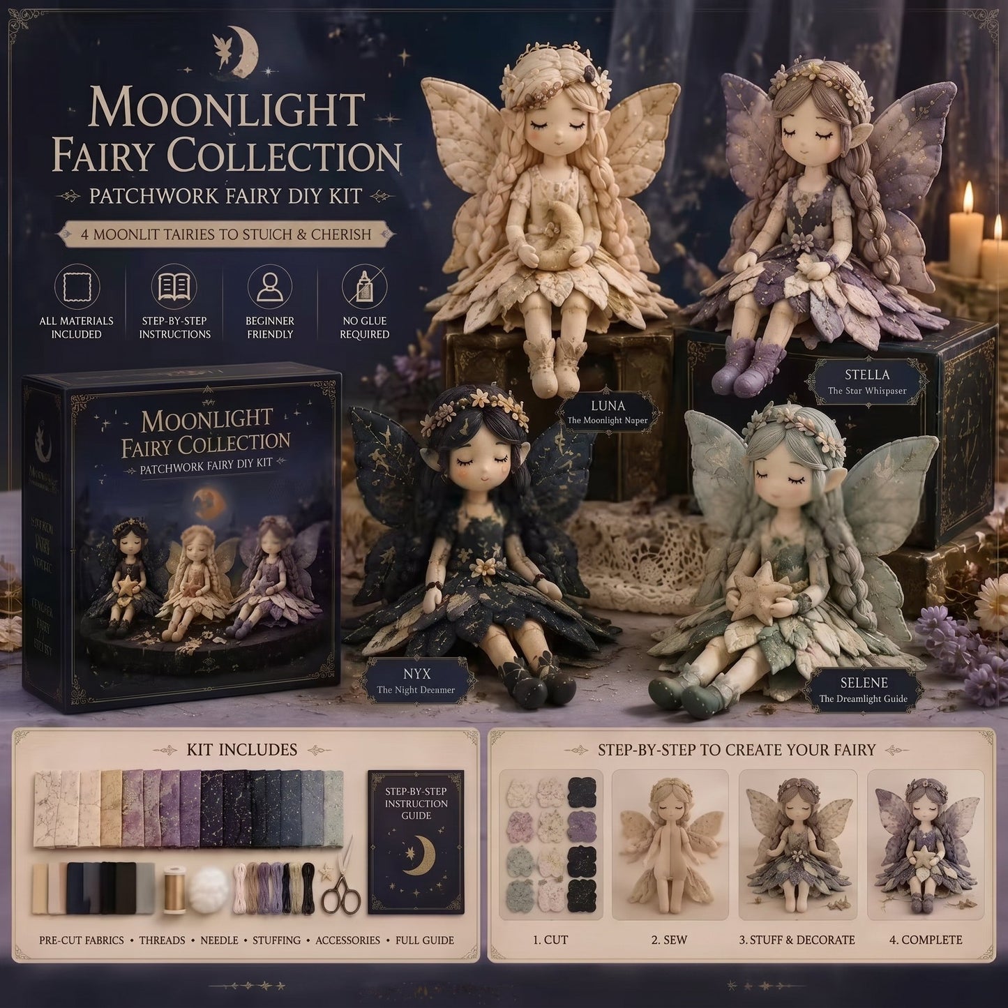 🌸LAST DAY SPECIAL PRICE!!🌸 Flower Fairies Patchwork DIY Kit 🧚‍♀️4 Whimsical Fairy Dolls Sewing Kit