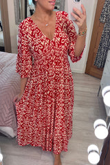 🔥LAST DAY SALE 60% OFF🌷Bohemian Casual Print V-neck Shirred Waist Long Dress