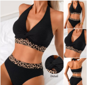 🎁Last Day Promotion 49% OFF🔥Women's  Halter Bikini Set, High Waisted Leopard Print Trim Swimsuit,  Two Piece Swimwear