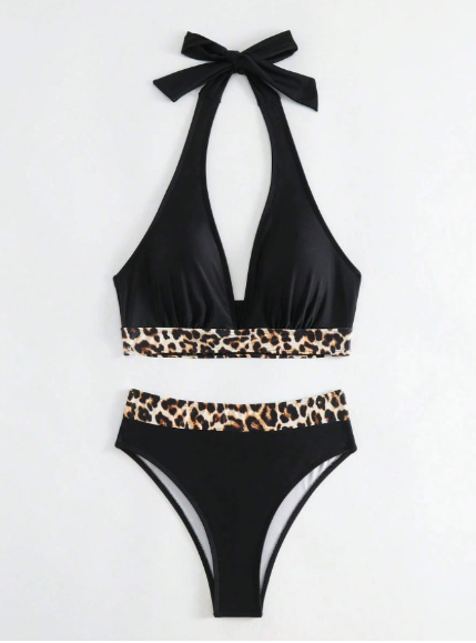 🎁Last Day Promotion 49% OFF🔥Women's  Halter Bikini Set, High Waisted Leopard Print Trim Swimsuit,  Two Piece Swimwear
