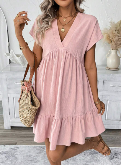 🌸LAST DAY SPECIAL PRICE!!🌸Fashion Loose V-Neck Pleated Short Dress