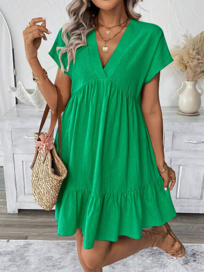 🌸LAST DAY SPECIAL PRICE!!🌸Fashion Loose V-Neck Pleated Short Dress