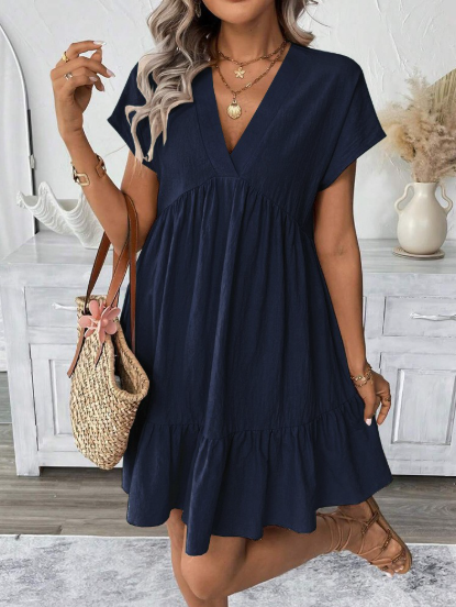 🌸LAST DAY SPECIAL PRICE!!🌸Fashion Loose V-Neck Pleated Short Dress