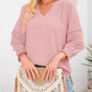 🌸Spring & Summer Sale👚Women's 3/4 Lantern Sleeve Casual V-Neck T-Shirts Pleated Loose Hollow-Out Blouse