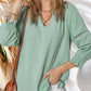 🌸Spring & Summer Sale👚Women's 3/4 Lantern Sleeve Casual V-Neck T-Shirts Pleated Loose Hollow-Out Blouse