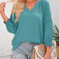 🌸Spring & Summer Sale👚Women's 3/4 Lantern Sleeve Casual V-Neck T-Shirts Pleated Loose Hollow-Out Blouse