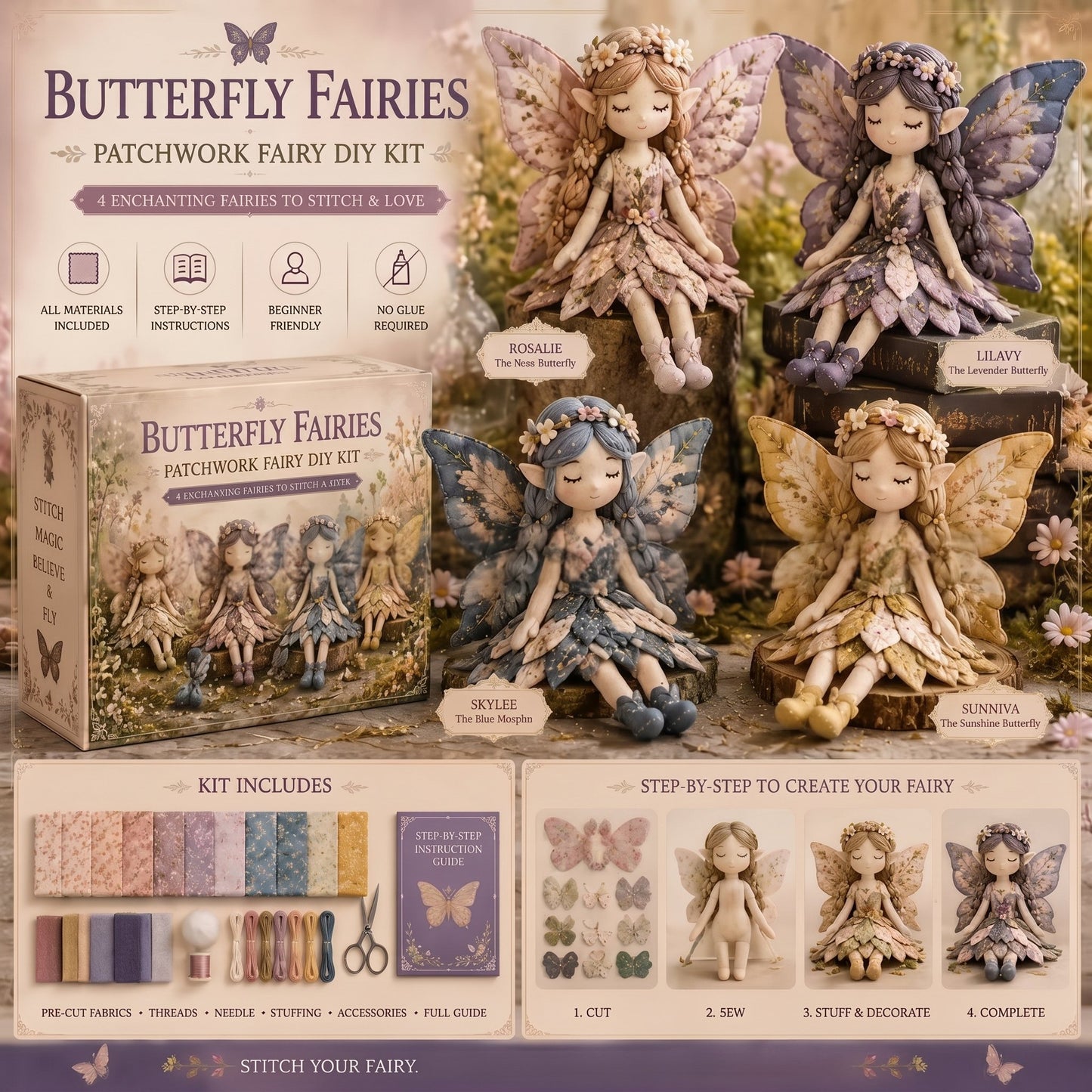 🌸LAST DAY SPECIAL PRICE!!🌸 Flower Fairies Patchwork DIY Kit 🧚‍♀️4 Whimsical Fairy Dolls Sewing Kit