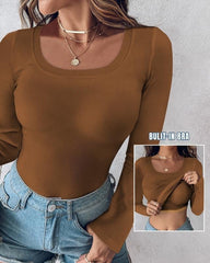 ⏰Last Day 50% OFF🍂Womens U-Neck Built-in Bra Long Sleeve Ribbed Top Shirts Elegant Skinny Fit Fabric
