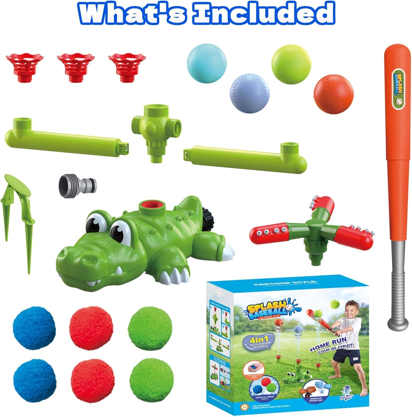 🎁Last Day Promotion 49% OFF🔥Intoypad 4-in-1 Kids Water Sprinklers T Ball Set & Water Ball Toy, Crocodile Baseball Sprinkler for Backyard Outdoor Summer Toys for Boys Girls Outside Yard Water Game Toys for Kids Toddlers Ages 3-8