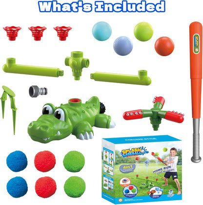🎁Last Day Promotion 49% OFF🔥Intoypad 4-in-1 Kids Water Sprinklers T Ball Set & Water Ball Toy, Crocodile Baseball Sprinkler for Backyard Outdoor Summer Toys for Boys Girls Outside Yard Water Game Toys for Kids Toddlers Ages 3-8
