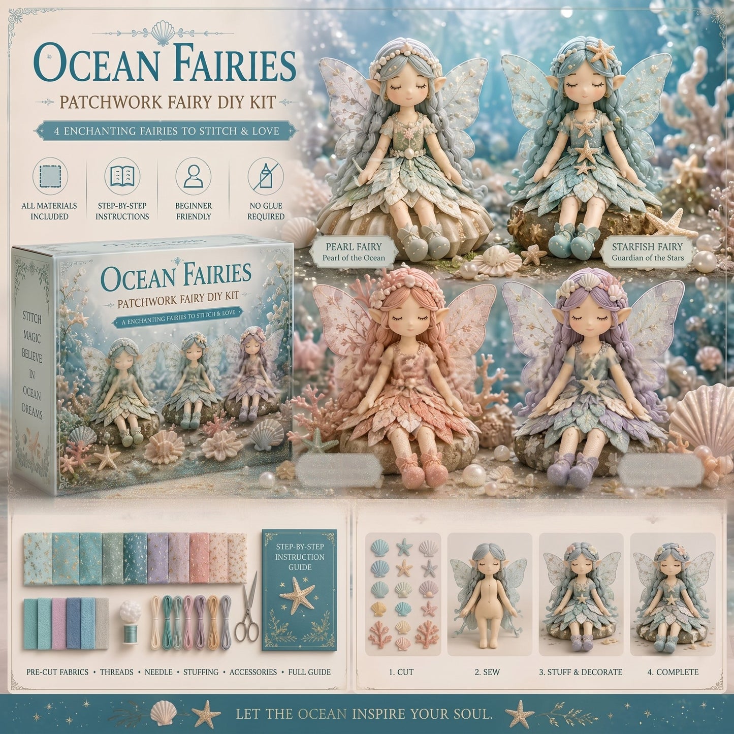 🌸LAST DAY SPECIAL PRICE!!🌸 Flower Fairies Patchwork DIY Kit 🧚‍♀️4 Whimsical Fairy Dolls Sewing Kit