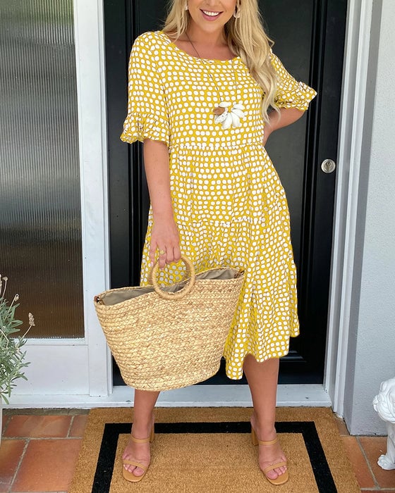 🎁2024 Big Sale 49% OFF🎁Round Neck Polka Dot Print Midi Dress