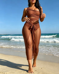 💥Last Day Special Sale 49% OFF👚Vacation One-shoulder Mesh Hollow-out Patchwork Swimsuit and Sarong Skirt Set