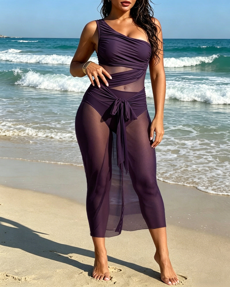 💥Last Day Special Sale 49% OFF👚Vacation One-shoulder Mesh Hollow-out Patchwork Swimsuit and Sarong Skirt Set