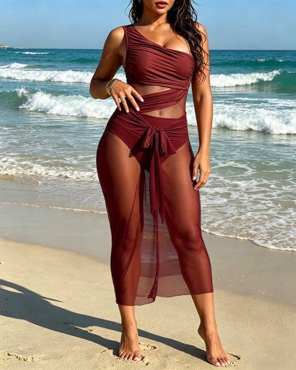 💥Last Day Special Sale 49% OFF👚Vacation One-shoulder Mesh Hollow-out Patchwork Swimsuit and Sarong Skirt Set
