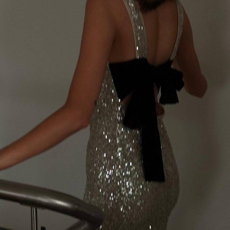New Year Hot Sale - 50% OFF👗Stylish Sexy Sequins Backless Bowknot Dress