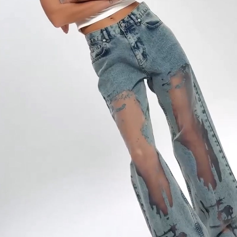 🌸NEW HOT SALE💥Women's Vintage Mesh Patchwork Printed Jeans👖