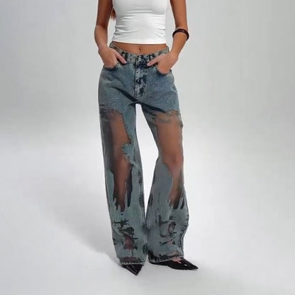 🌸NEW HOT SALE💥Women's Vintage Mesh Patchwork Printed Jeans👖